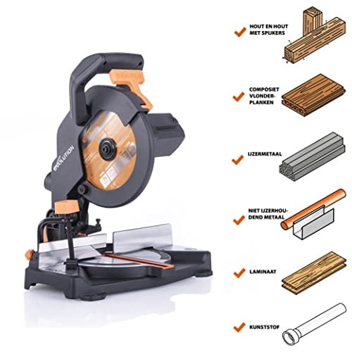 Evolution Power Tools R210CMS Compacte Multi-Materiaal Afschuifzaag met TCT Zaagblad, 1200W, 210mm