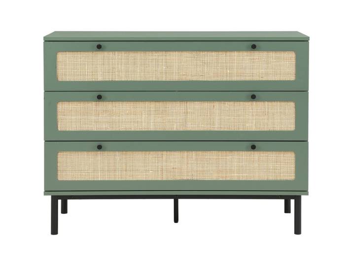Commode 3 tiroirs vert et cannage 105 cm