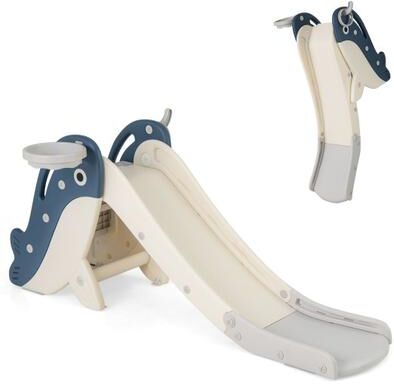 Costway Foldable Freestanding Baby Slide Climber Playset with Basketball Hoop for Kids-Blue