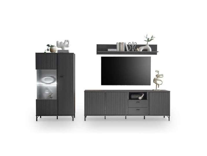Trendstore Waiola Wohnwand 3-teilig - optional mit Beleuchtung - inkl. Beleuchtung Wohnzimmer, TV-Sideboard, Vitrine, Wandboard, modernes Design, flexibler Stauraum, Dekor schwarz graphit, Fronten aus geriffeltem Glas, optionale Beleuchtung Soft-Close-Funktion Modern