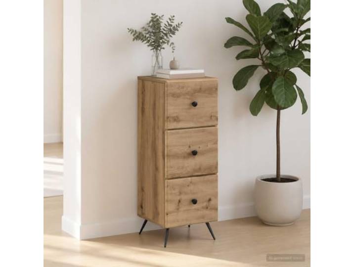 Schubladenschrank Eiche 33 x 34,5 x 90 cm, Holzwerkstoff Artisan-Eiche Holzwerkstoff mit Metallgriffen, 3 ausziehbare Schubladen, 60 kg Belastbarkeit, für Büro und Wohnung