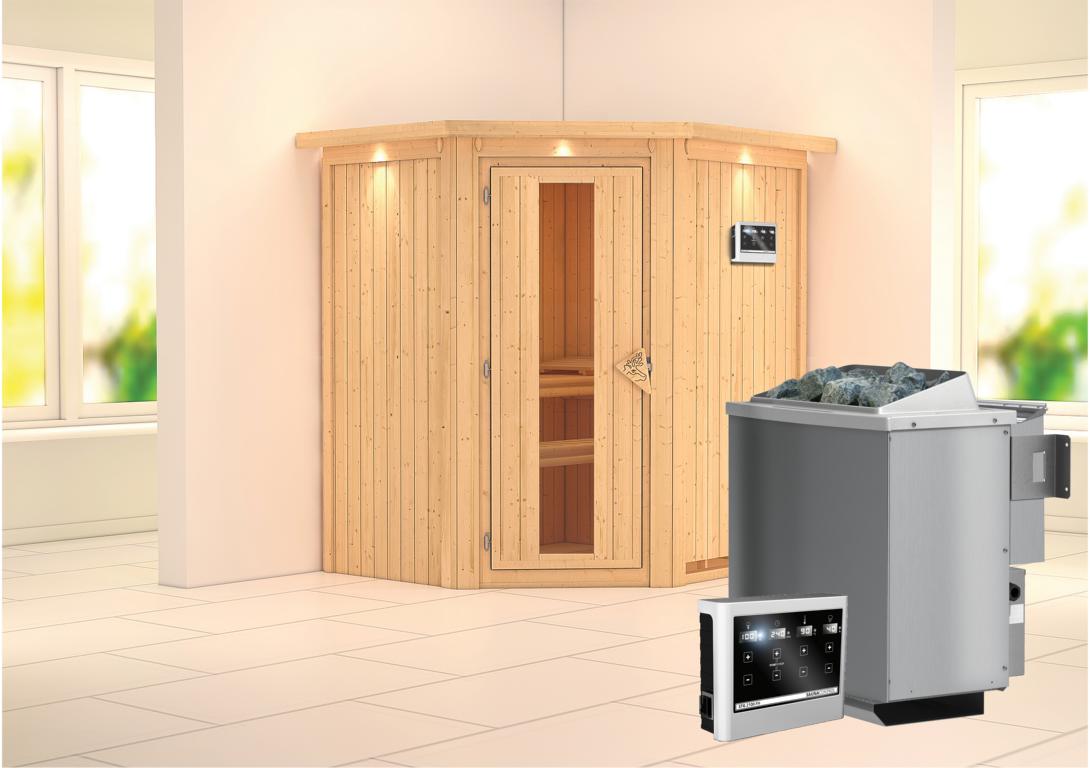 KARIBUHOLZT Sauna Taurin Eck,9kW Bio.Strg easy m.Isoliertür u.Dachkranz 09238897
