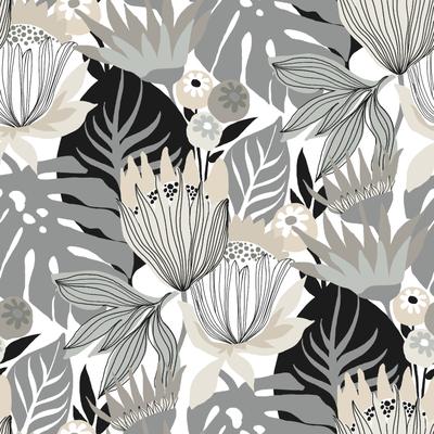 RoomMates Grey & Beige Retro Tropical Leaves Peel and Stick Wallpaper