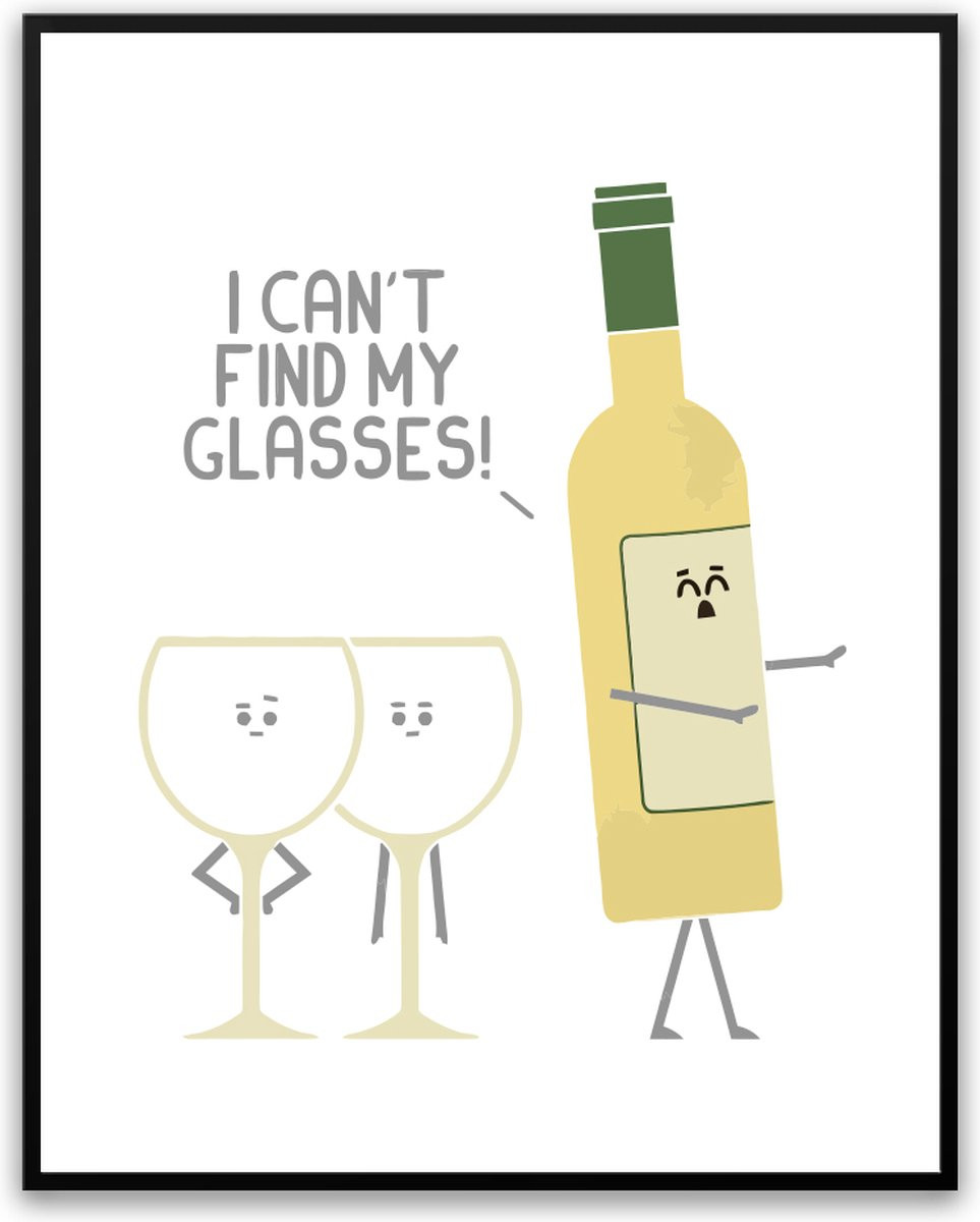 Grappige poster I can't find my glasses met fotolijst en glazen plaat, 50 x 70 cm