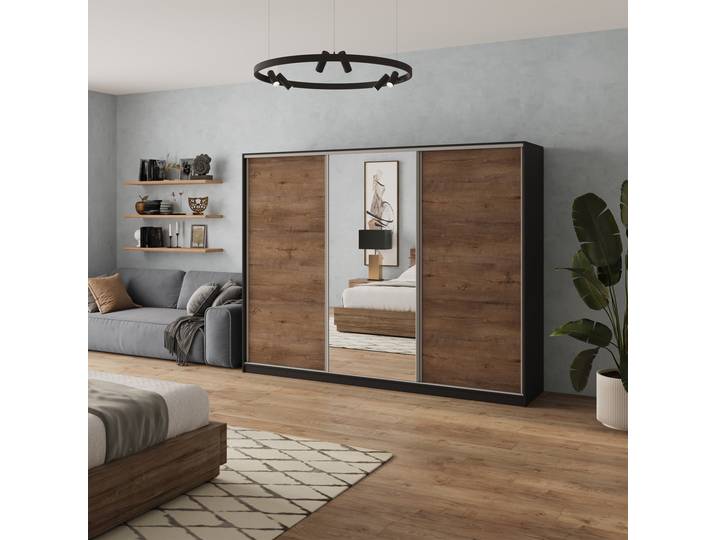Masseno Schiebetürenschrank SORE 270/205/58cm 3-türig mit Spiegel Schwarz