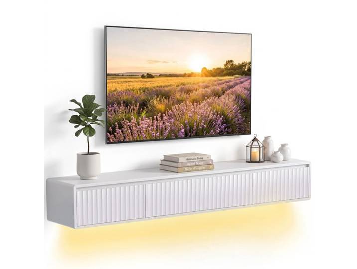 Meuble TV Suspendu Flottant avec LED RGB et Prises Intégrées Blanc 160 cm
