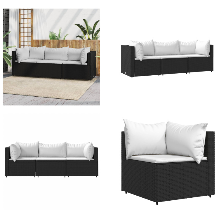 vidaXL 3 tlg. Garten Lounge Set mit Kissen Schwarz Poly Rattan - Garten Lounge Set - Garten Lounge Sets - Outdoor Lounge Set - Lounge Set Terrasse