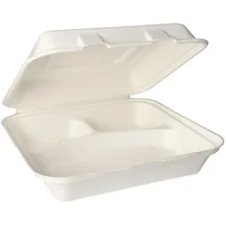 Papstar 125 Menüboxen, Zuckerrohr `pure` 3-geteilt 8 cm x 24 cm x 24 cm weiss