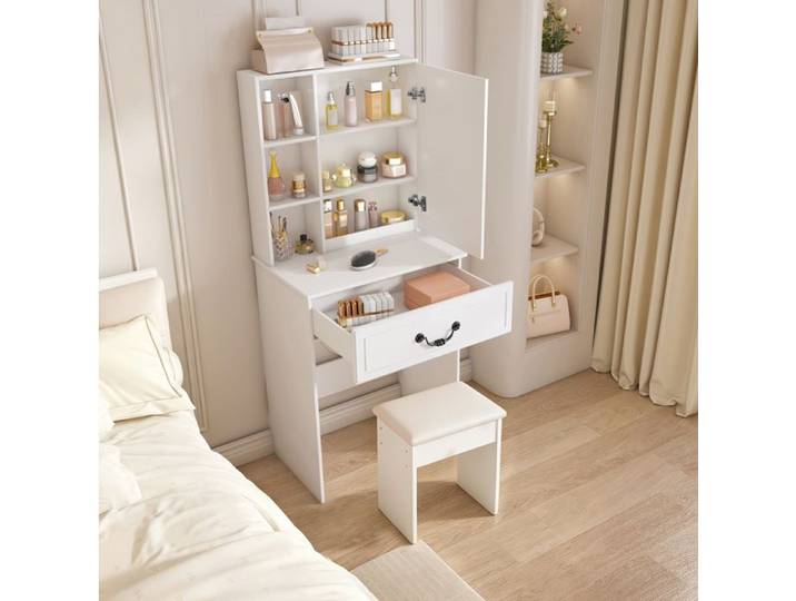 VUENOR Coiffeuse 60x36x131 5 cm blanc – miroir LED rangements cachés