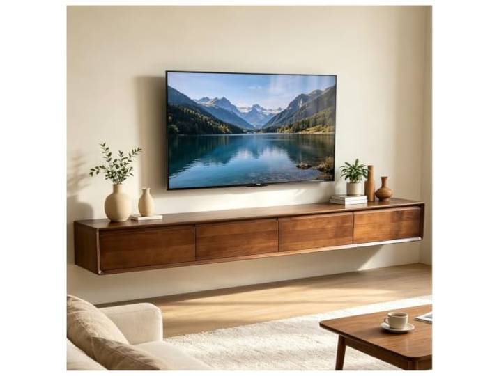 JUNFUNNLE TV Schrank 240cm, TV Lowboard Hängend mit 2 Schubladen 2 KlappenTüren, TV Board Hängend, TV Sideboard Wohnzimmer, TV Tisch für Wohnzimmer und Esszimmer