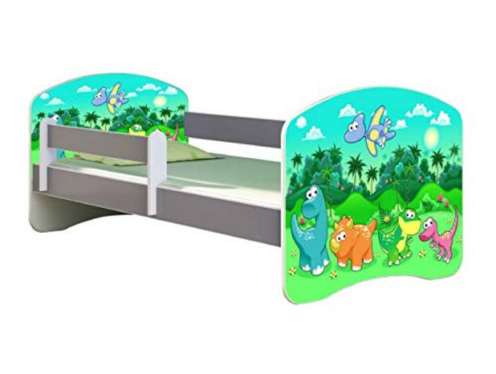 ACMA Kinderbett Jugendbett mit Matratze Grau mit Rausfallschutz Lattenrost II Spielbett Kinderzimmer Möbel (30 Dino, 140x70)