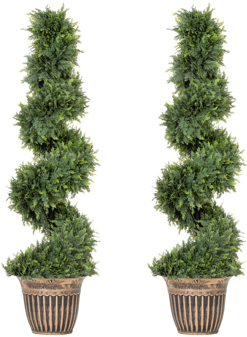 Astoria Grand HOMCOM Set of 2 Potted Artificial Plants, Topiary Spiral Cypressd Trees Green 120cm H X 30cm W X 30cm D