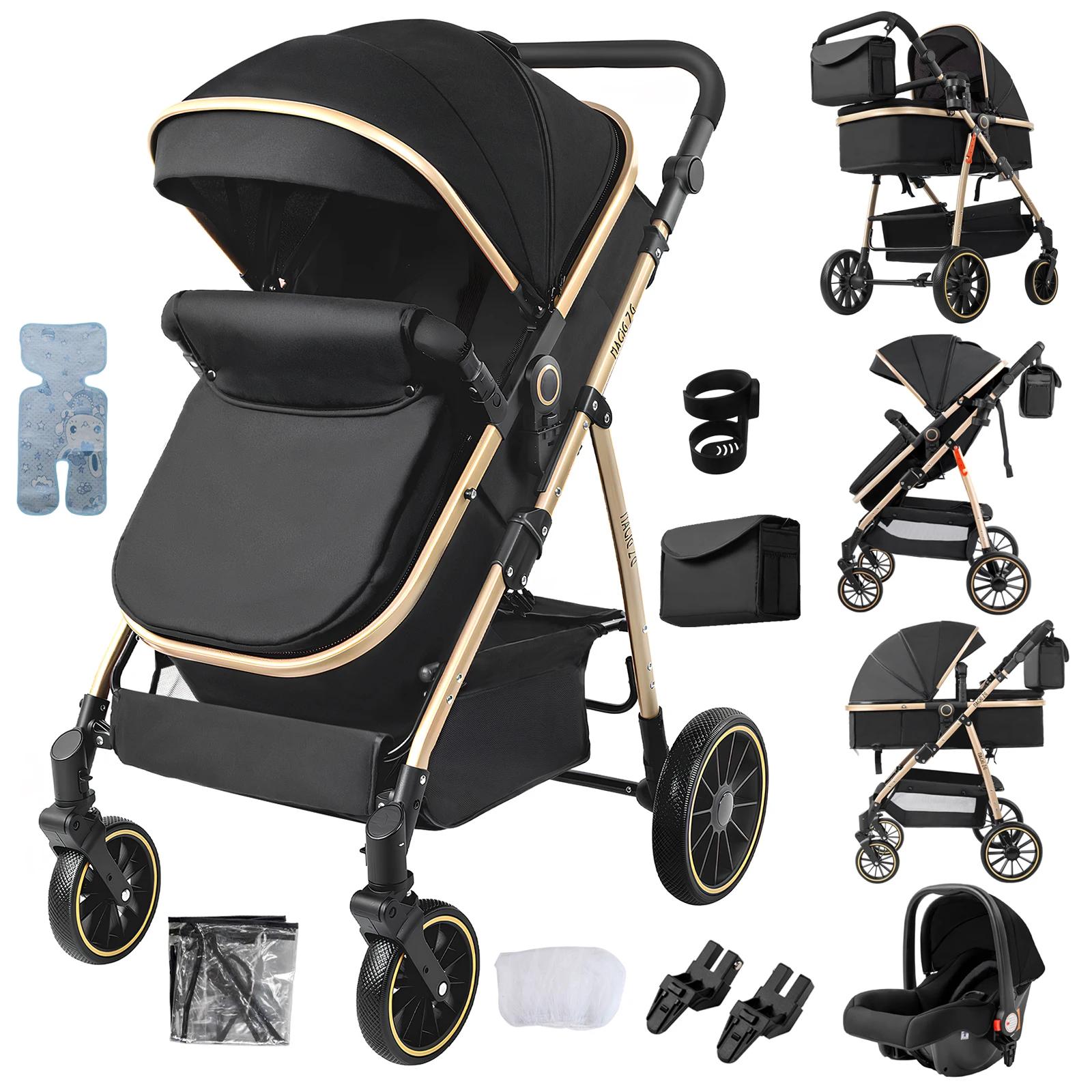Kinderwagen - 3-in-1-Kombikinderwagen - Zusammenklappbar - Wendbarer Sitz - Vollständige Liegeposition - Leichter Aluminiumrahmen - Leinenbezug - Blackgold