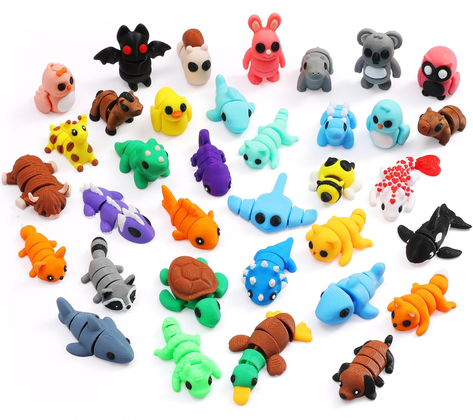 Set van 35 mini 3D-gedrukte dierenfiguren als beweegbaar fidget-speelgoed en bureaudecoratie