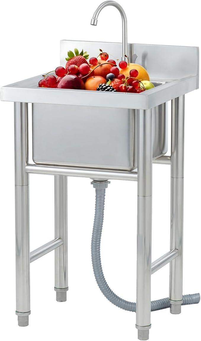 Edelstahl Spültisch Spülbecken mit Wasserhahn, Freistehende Gastro Spüle mit Abflussrohr, Freistehend Outdoor-Waschbecken Verstellbare Füße für Außen, Innen, Küche, Restaurant