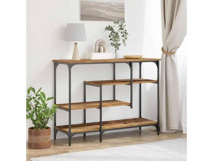 KPOUTRFG Konsolentisch aus Altholz und Metall 100 x 35 x 75 cm Schichtholz Industrieller Look, robuste Schichtholz-Platte, Metallgestell, verstellbare Füße, zwei Regalebenen