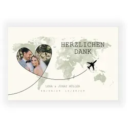 Dankeskarte Hochzeit: Grüne Weltkarte mit Fotos in Creme