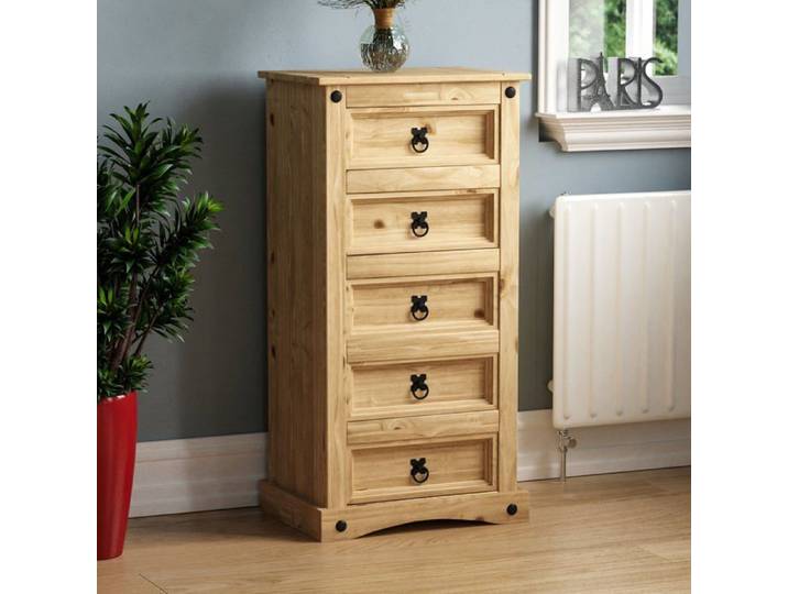 Commode étroite Corona en pin massif avec 5 tiroirs finition cirée – Meuble de chambre