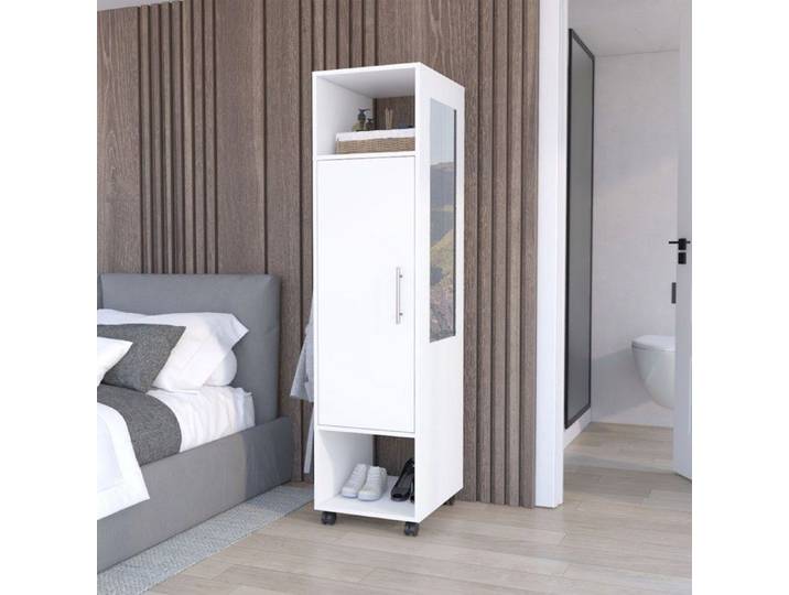 Armoire de 160 cm avec miroir penderie et roulettes blanc