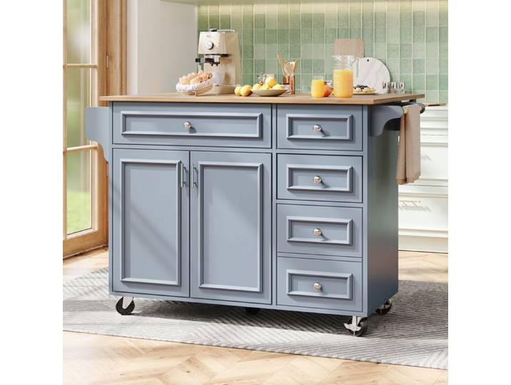 Îlot de cuisine 110 × 45-75 × 92 cm îlot de cuisine au motif rétro table de rangement multifonctionnelle bleu