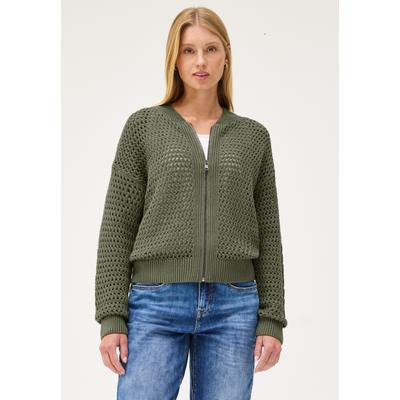 Cardigan STREET ONE STUDIO, Damen, Gr. 34, grün (lichen grün), Web, 60% Baumwolle, 40% Polyacryl, unifarben, comfort fit normal, Rundhals, Rippbündchen, Strickjacken, Grobstrick