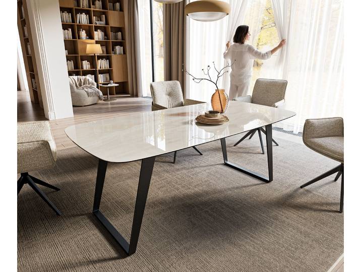 Esstisch Edge Boot 200x100 cm Keramik Onyx Champagne Metall Schräg Schwarz, Esstische
