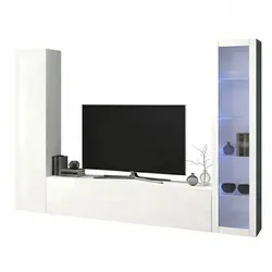 Dmora Wohnzimmermöbel Girolamo, Wohnzimmer-Set TV-Möbel mit 3 Türen, Mehrzweck-Wohnmöbel mit Vitrine und LED-Licht, cm 260x30h180, glänzend weiß