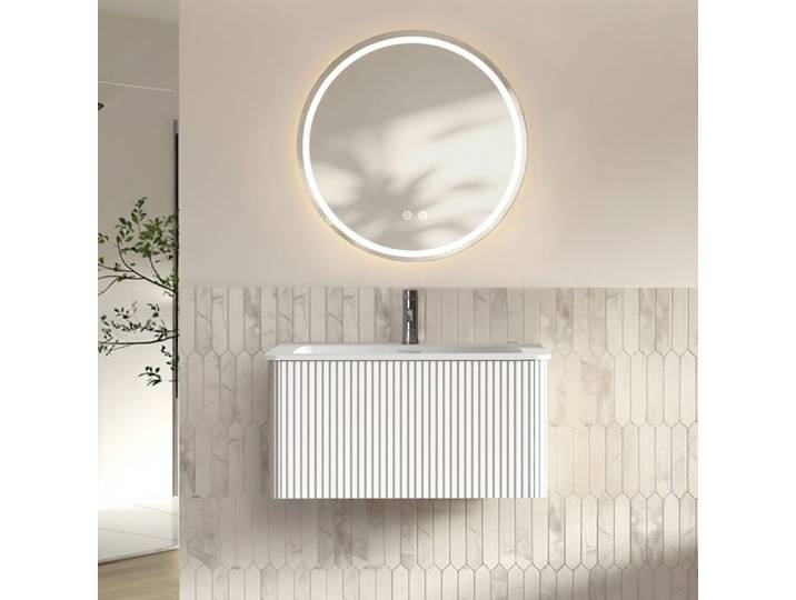 Ensemble Meubles Salle de Bain Simple Vasque 80cm + miroir LED rond de 80 cm blanc