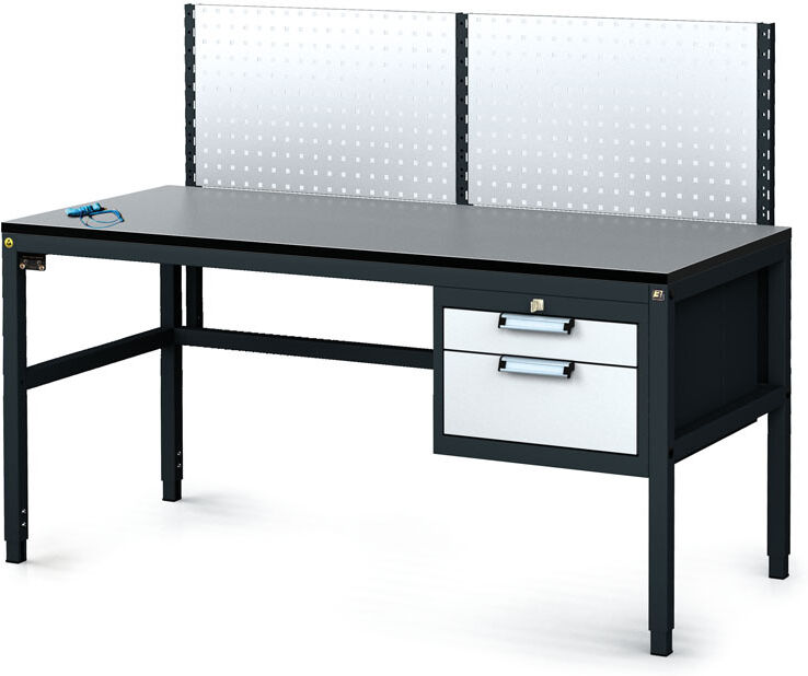 Alfa 3 Antistatische ESD-Werkbank mit Lochplatte, 2 Werkzeugkästen mit Schubladen, 1600x800x745-985 mm