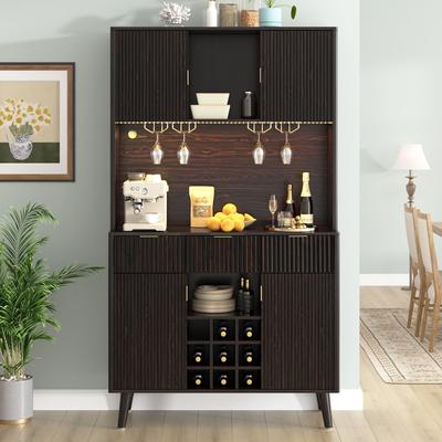 Kodotan sofa "72.2"" High Kitchen or Bar Cabinet with Electrical Outlet and LED Light, Wine Bottle Storage with Nine-Grid Wine Rack"