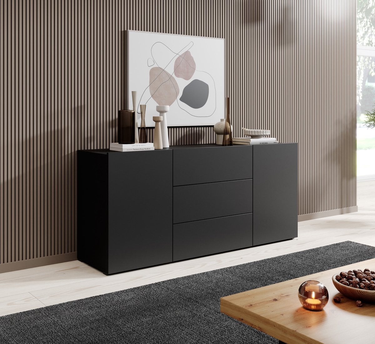 Meubella - Dressoir Asilento - Mat zwart - Breedte: 140 cm