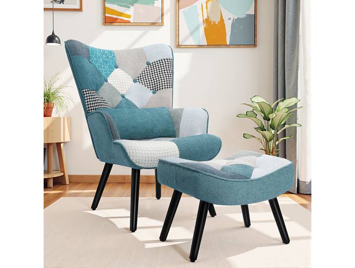 Fauteuil Scandinave Patchwork En Bleu - Fauteuil Relax Avec Repose-pieds