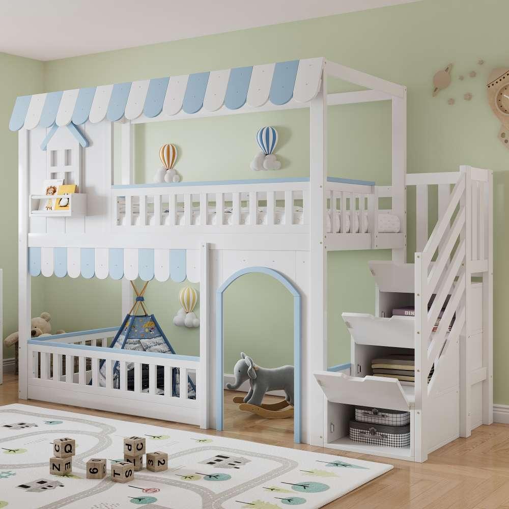Kinder-Etagenbett mit Treppenaufbewahrungsschrank, stabilem Lattenrost, Fensterdesign, aus Kiefer+MDF+Sperrholz, Blau-Weiß, 90x200 cm.