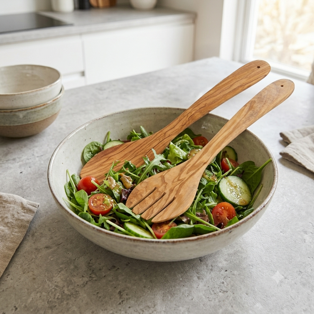 Salatbesteck KESPER "Besteck-Set aus Olivenholz", braun (natur), Olivenholz, Kochbesteck-Sets, Salatbesteck, mit Aufhängeloch
