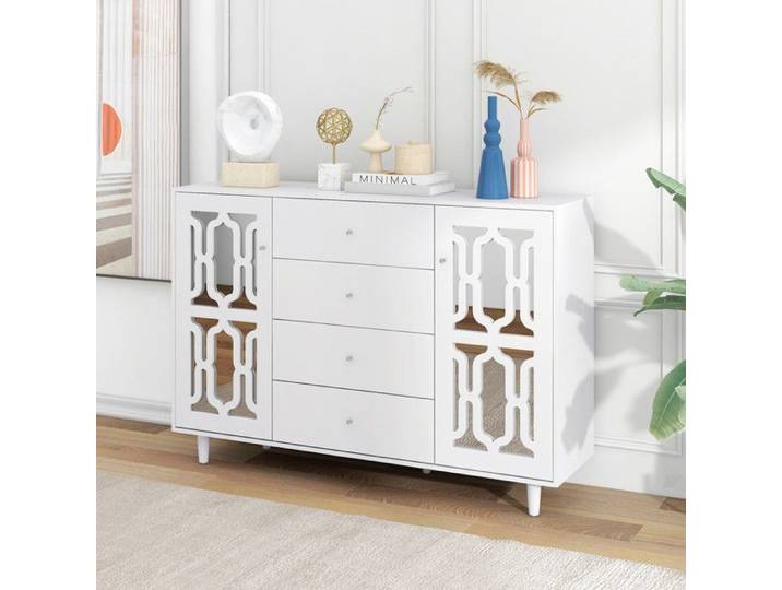 Buffet - Miroir Blanc 147cm - 4 Tiroirs - 2 Portes - Poignées Cristal