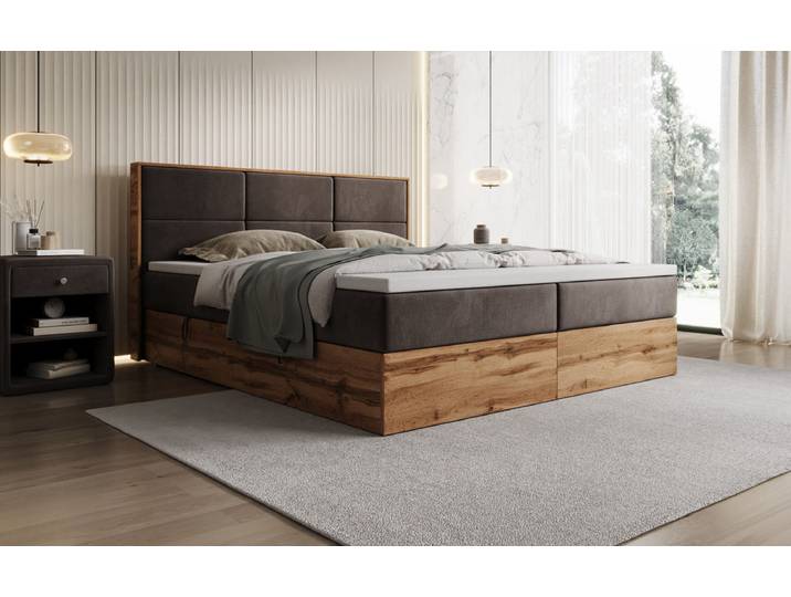 Boxspringbett Timber Panel mit Stauraum in Samt - 160x200 - Dunkelbraun - H4 (100kg+) - Luxusbetten24