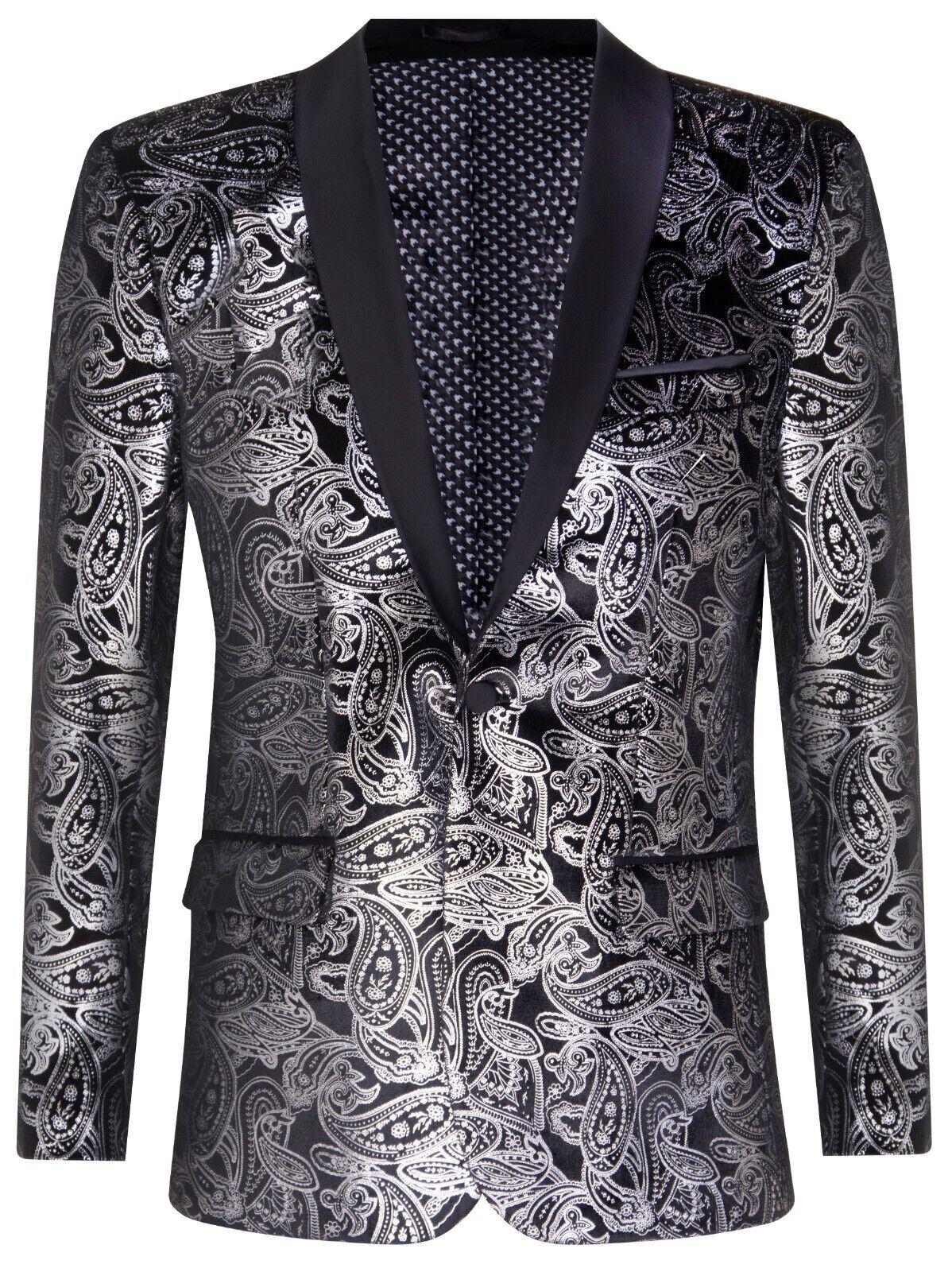 Klassischer Smoking-Blazer aus schwarzem Samt mit silbernem Paisley-Muster für Herren
