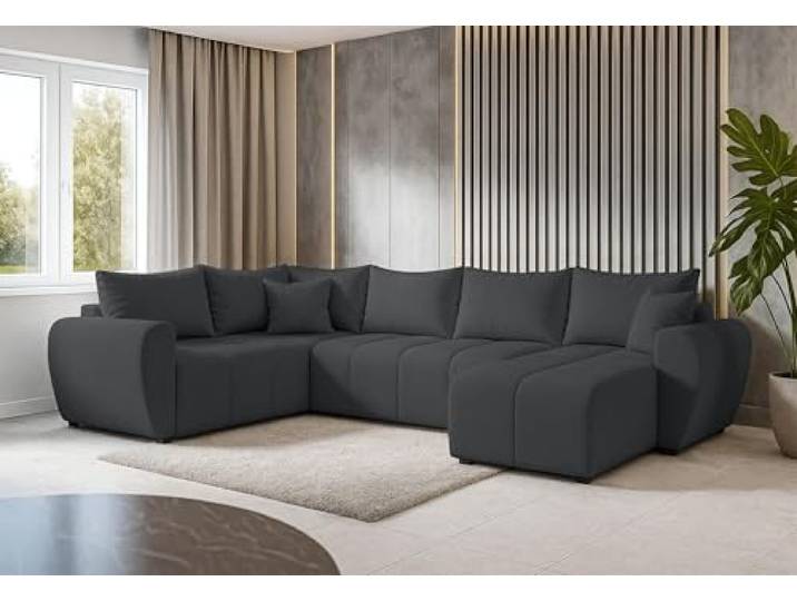 AXLIVING Malatya U XL Wohnlandschaft U Form XXL Ecksofa Dunkelgrau L Schlaffläche: 270 × 140 cm. Komfort durch T30-Schaum und Wellenfedern. Praktischer Bettkasten. Sitzhöhe: 41 cm.