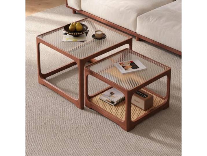 Massivholz Couchtisch Set mit Glasplatte, Vintage Stil für Wohnzimmer Massivholz, Glasplatte, Couchtisch Set, Vintage Stil, kleine Räume, Wohnzimmer, Balkon
