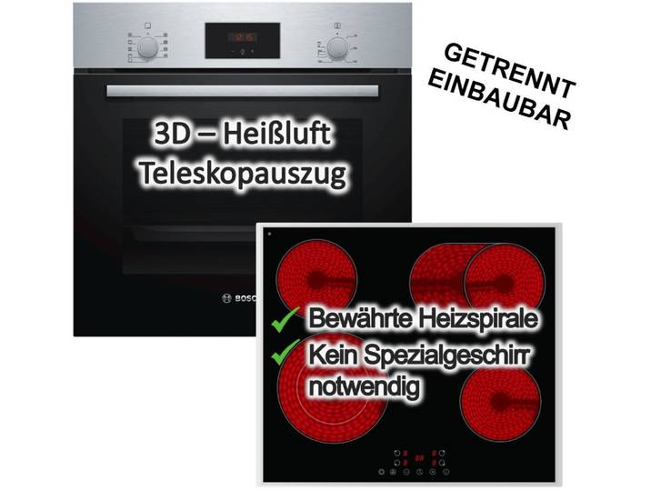 BOSCH Backofen-Set Teleskopauszug Versenkknebel 3D + PKM Glaskeramikkochfeld Bräterzone, mit 1-fach Teilauszug