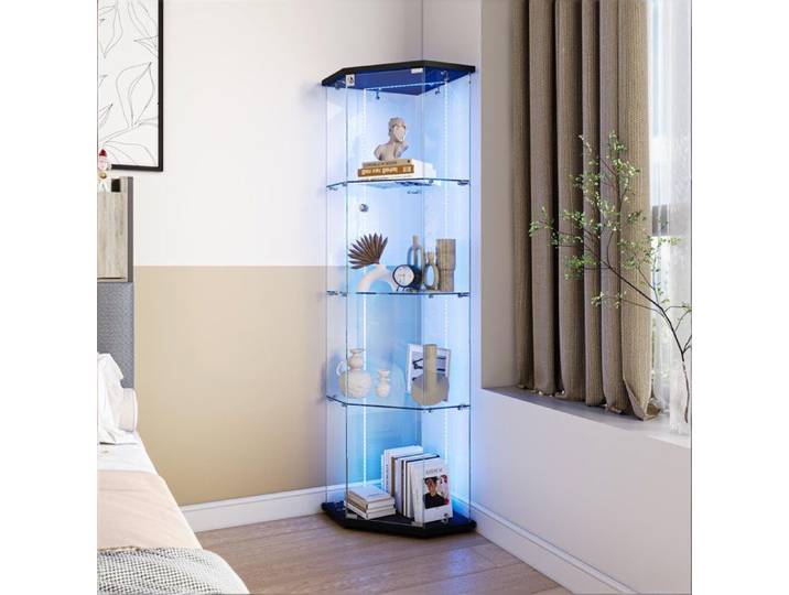 Vitrine en Verre Vitrine Armoire pour Collection avec porte Serrure Bande LED réglable-1 porte-4 étages-Design gain de place-Noir