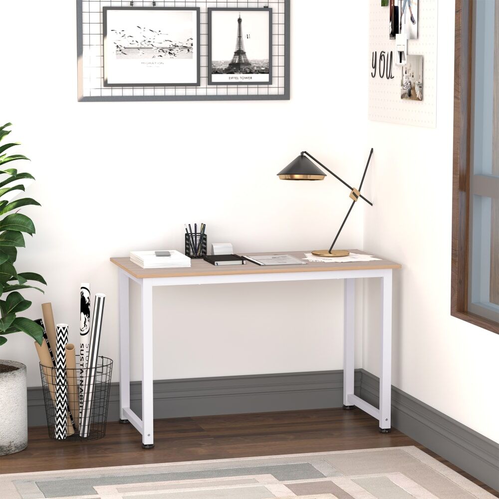 Homcom Table informatique bureau métal blanc aspect chêne clair Beige 120x76x60cm