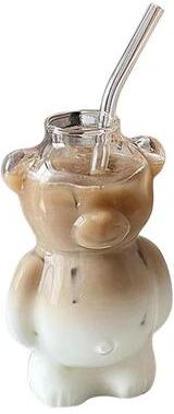 Uplifted Finds Cute Bear Shaped Glass Cup Coffee Mug For Daily Drinks And Gifts with Straw