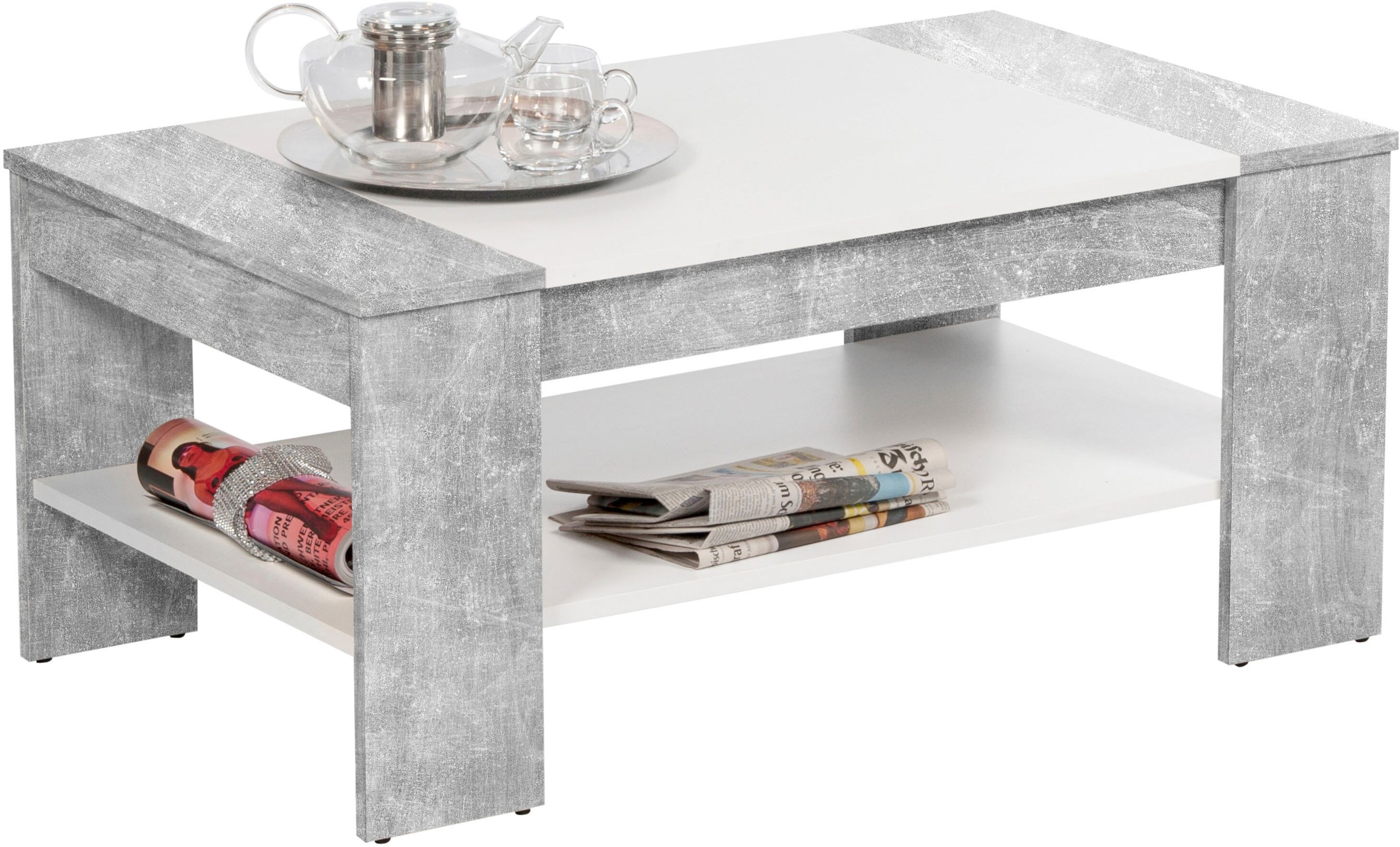 Couchtisch STOLKOM "Finley mit Ablageboden, Eiche Sonoma Weiss, BxHxT 100x44x58 cm", grau (grau, beton, weiß), B/H/T: 100cm x 44cm x 58cm, Tische, Couchtisch, Schubladenfront mit Lamellen-Optik, Couchtisch rollbar grau, beton, weiß B/H/T: 100cm x 44cm x 5