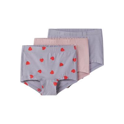 Hipster NAME IT "NMFTIGHTS 3P LAVENDER HEARTS NOOS", Mädchen, Gr. 116, 3 Stk., Jersey, rosa (lavender gray), Jersey, Obermaterial: 95% Baumwolle, 5% Elasthan, bedruckt, unifarben, eng, Unterhosen