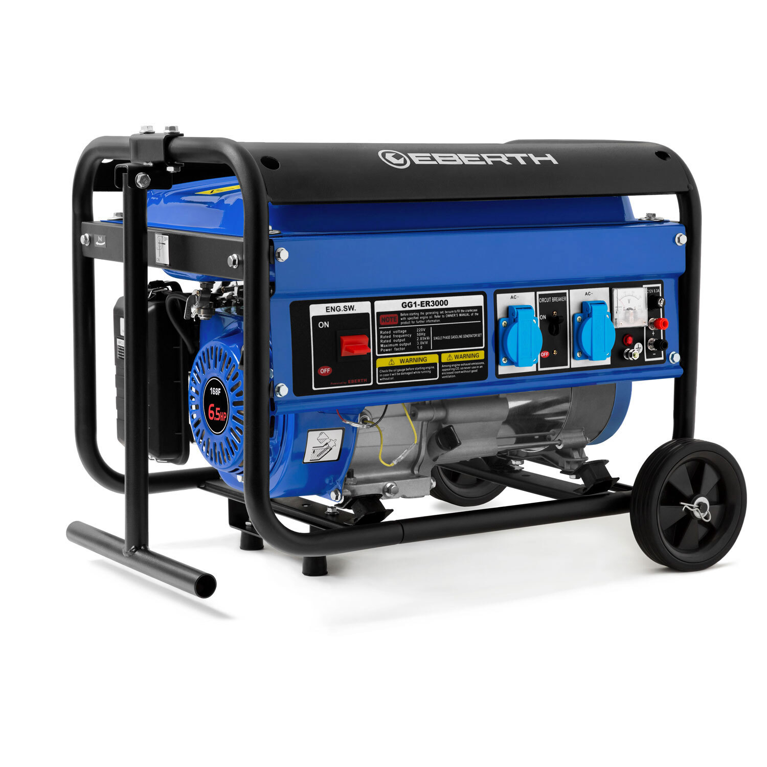 EBERTH 3000 Watt Notstromaggregat Stromerzeuger Stromaggregat mit Fahrwerk, 6,5 PS Benzinmotor, 4-Takt, 1-Phase, 2X 230V, 1x 12V