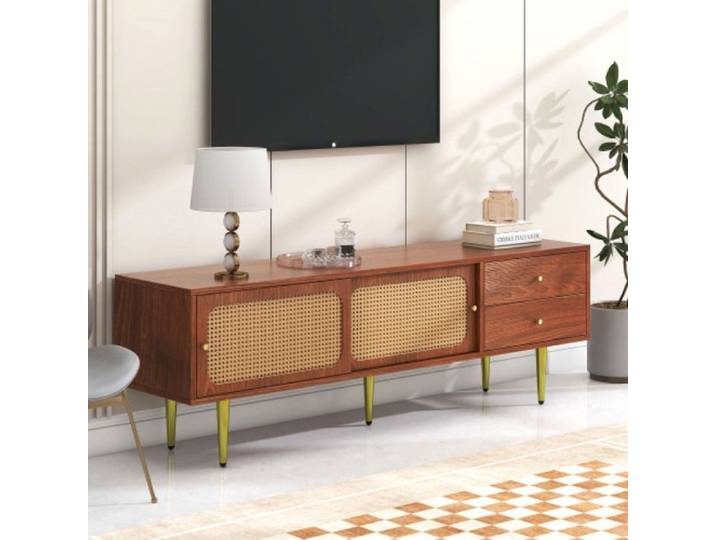 Meuble TV 160cm élégant avec portes coulissantes en rotin finition noyer et rotin plastique foncé 2 tiroirs de rangement pratiqu