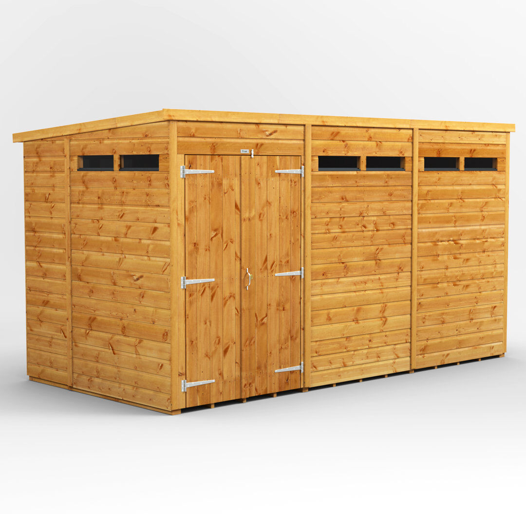 Powersheds 12 x 6ft Timber Tongue & Groove Security Pent Garden Shed, Double Doors Golden Brown 190.8cm W X 370.6cm D X 202.8cm H