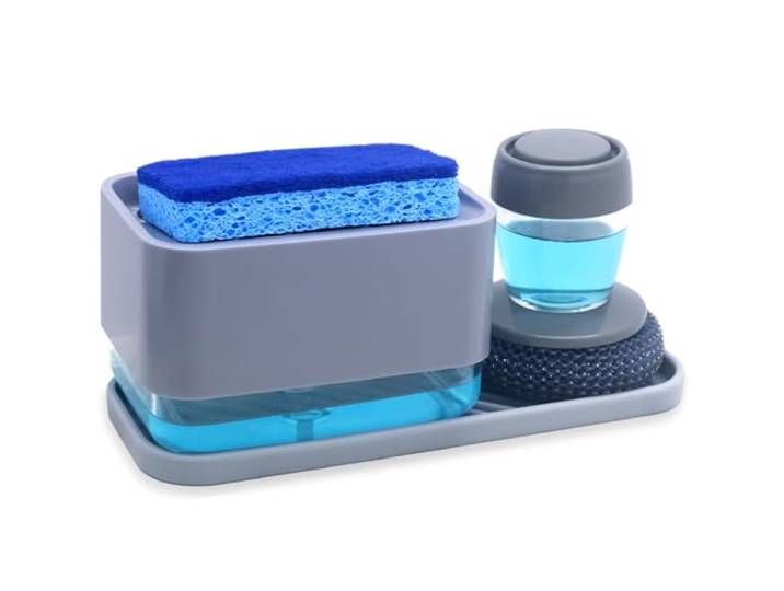 Afwaszeepdispenser met sponshouder voor aanrecht - nieuwste 4-in-1 aanrecht afwasvloeistofdispenser-afwasmiddel zeeppompdispenser voor keuken aanrecht grijs