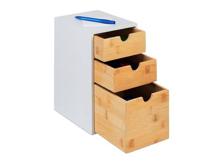 Relaxdays Organiseur à Compartiments\, Bambou & MDF\, HxLxP: 28x17x21\,5 cm\, 3 tiroirs\, Accessoire Bureau\, Nature - Blanc